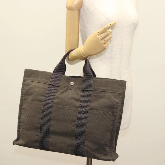 HERMES Her Line MM Hand Bag Canvas Gray Auth - Picture 1 of 15